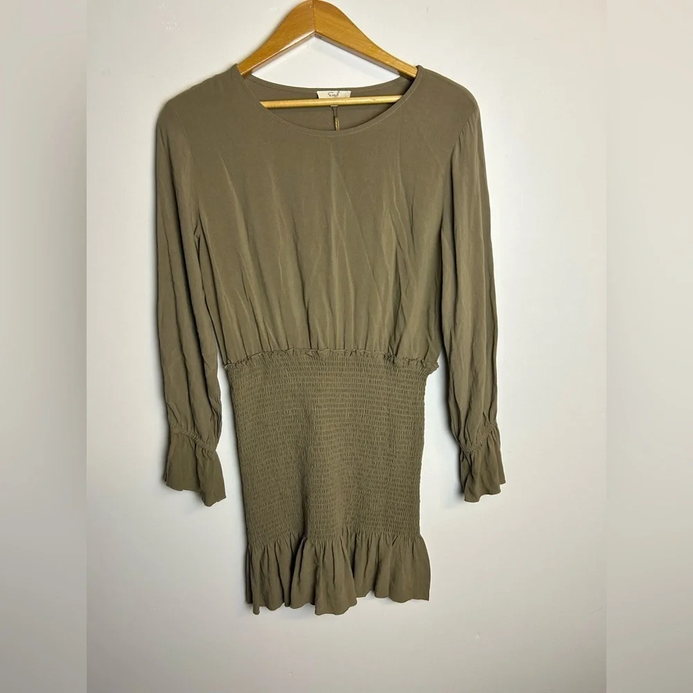 NWT‎ Easel Mini Dress Linen Sz M Green Olive Smocked Hem Summer Chic minimalist